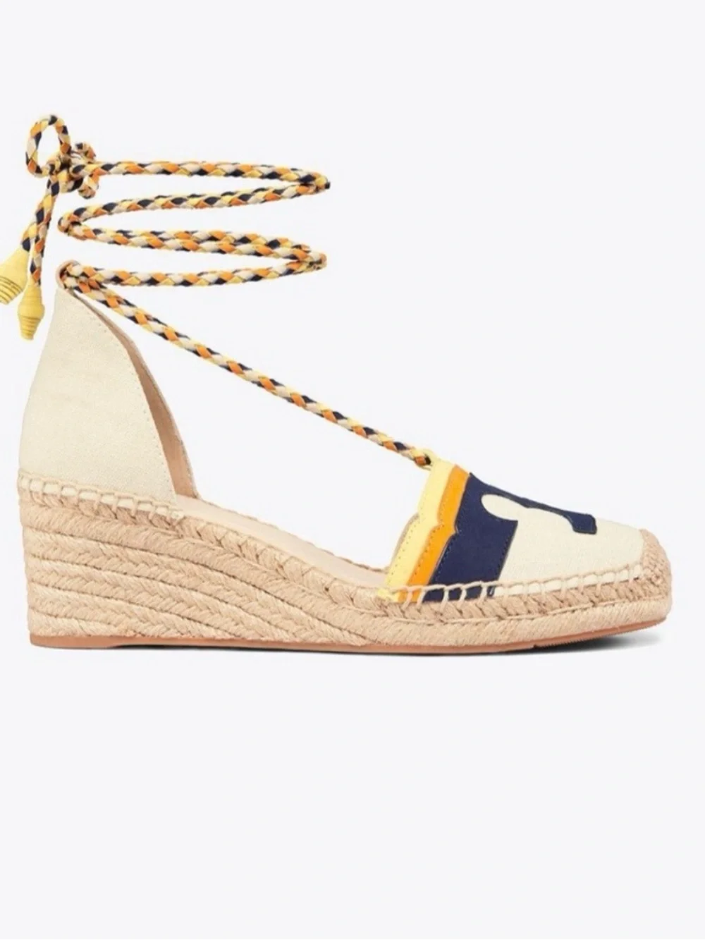 Tory Burch Laguna Canvas Espadrille Wedges with Navy Logo ankle wrap